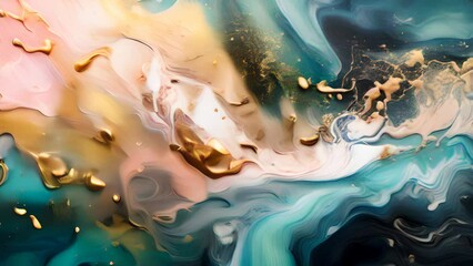 Poster - Abstract artistic background with green and pink marble and golden paint stains