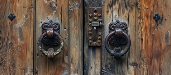 Canvas Print - A detailed close-up of a wooden door featuring two intricate metal door knockers, resembling a sculpture. The facade is adorned with plant motifs, adding an artistic touch.