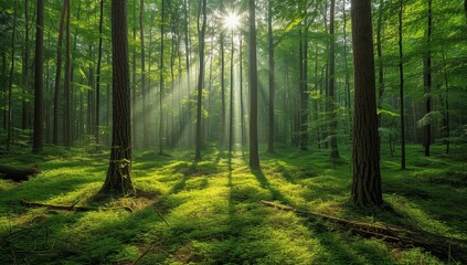 Wall Mural - Morning in the green forest with sunbeams and rays of light
