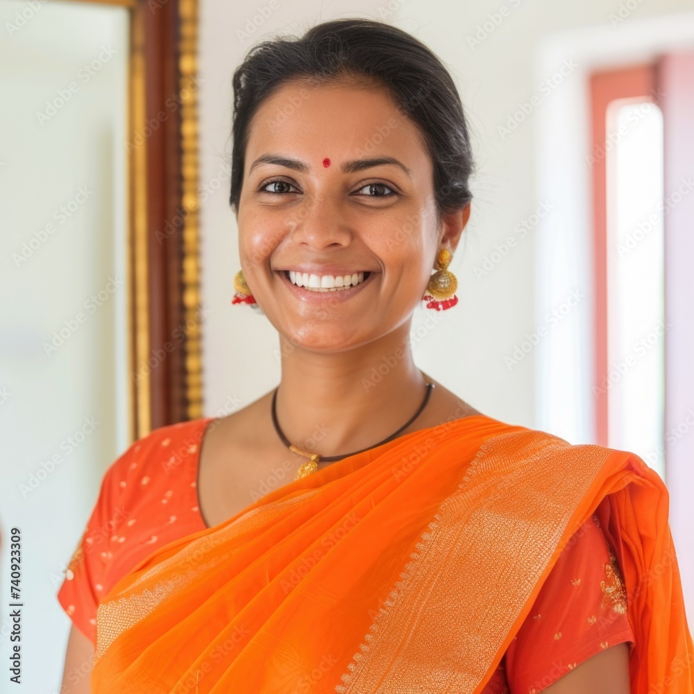 Smiling Indian woman in an orange sari. Traditional Indian clothing