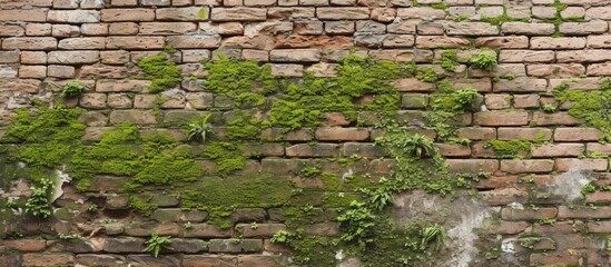 Poster - A brick wall covered with green plants creating a natural landscape. The terrestrial plants grow on the brickwork with the help of water and soil, enhancing the overall aesthetic of the landscape.