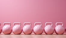 A Group Of Pink Kettlebells On A Table With A Pink Wall