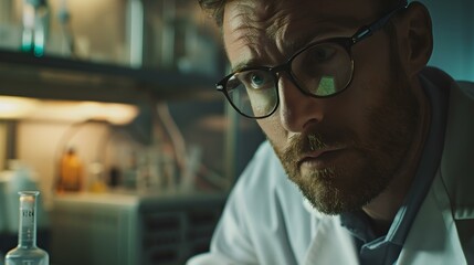 Aufkleber - Focused scientist intently analyzing a chemical sample in a laboratory flask. serious, contemplative academic research professional in a lab setting. detailed, expressive portrait. AI