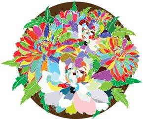 Wall Mural - Illustration multi color of Chrysanthemum flower with leaves on brown background.