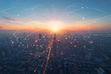 Poster - city scape and network connection concept