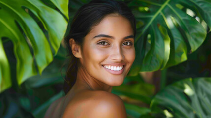 Wall Mural - young woman with a glowing smile, standing amidst lush green foliage, giving off a natural and vibrant energy.