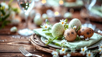 Wall Mural - Easter table setting, easter eggs and flowers decoration, closeup view