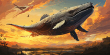 Fantasy Scenery Of A Giant Whale Flying Above City Against Sunset Sky, Digital Art Style, Illustration Painting -