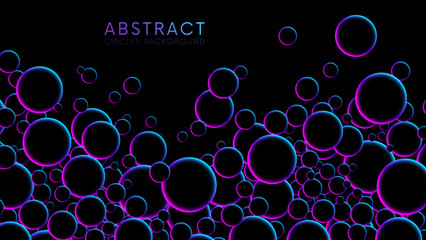 Futuristic random flying neon glowing circles, spheres or bubbles. Luminous floating balls in blue and pink neon glow colors on black. Fluorescent circle particles dynamic flow. Vector background