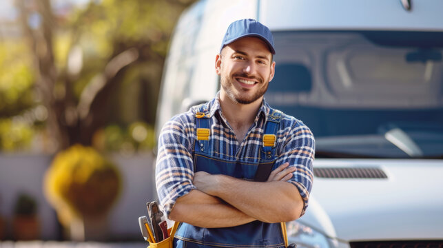 smiling man with a beard, wearing a blue cap, a plaid shirt, and a blue overall with a tool belt, st