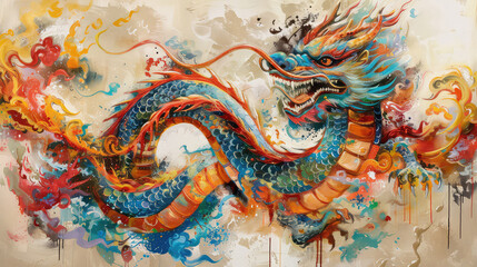 Wall Mural - art image, oil painting on canvas of a chinese dragon digital illustration, illustration painting