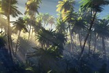 Fototapeta Natura - Palm trees in the rays of the sun, Jungle in the morning in the fog, tropical forest in the bright light of the setting sun, 3D rendering
