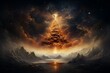 Majestic large tall tree stands amidst a backdrop of swirling clouds and twinkling stars in the night sky.