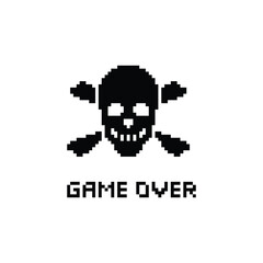 Poster - game over with Skull icon 8 bit, pixel pirate icon 8-bit  for game  logo.