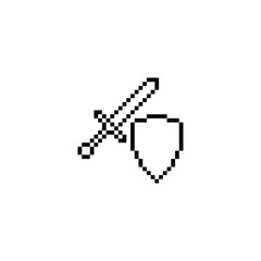 Poster -  sword and shield pixel art icon vector 8 bit game company logo template 