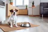 Fototapeta Zwierzęta - Cute jack russell terrier sits near it's bowl with dog food. Modern kitchen on background. Raising domestic animal in flat or townhouse. Feeding dog concept. 