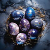 Fototapeta Koty - Eggs with texture of marble with golden spangles. Ornament with wavy fluid pattern looks like outer space with stars. Modern creative way to color traditional Easter eggs. 