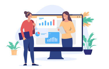 Fototapete - Online education - Student taking remote course video lesson on internet, with financial and business graphs and diagrams. Flat design vector illustration with white background