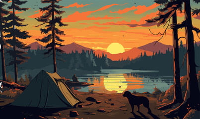 Poster - forest landscape camping dog trees lake sunset fall nature inspired vector illustration