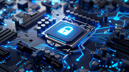 Wall Mural - A close-up of a motherboard featuring a security chip with a lock symbol, surrounded by circuits and electronic components illuminated with a blue glow.