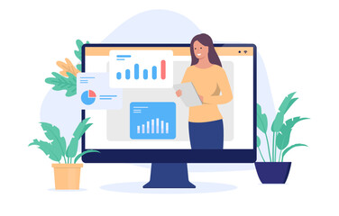 Fototapete - Online course - Computer screen with woman person holding lecture and webinar with data and charts. Flat design vector illustration with white background