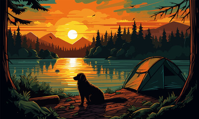 Wall Mural - Dog near the lake, sunset. Vector illustration