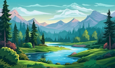 Wall Mural - Forrest landscape with grass, nature inspired eco vector illustration