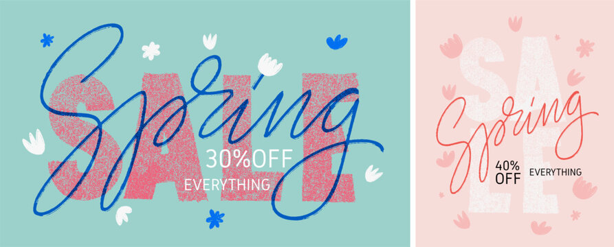 Spring sale. Up to 30%, 40% off Spring Sale handwritten typography. Spring Sale Banner Template. Banner design. Flat vector illustration on white background. Spring pink and green background.