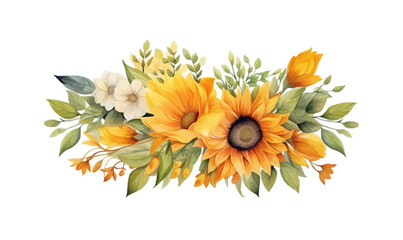 Wall Mural - Watercolor illustration sunflowers, summer, autumn yellow, orange flowers, fall