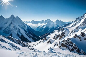 Wall Mural -  A panoramic view of a snow-capped mountain range under a clear blue sky