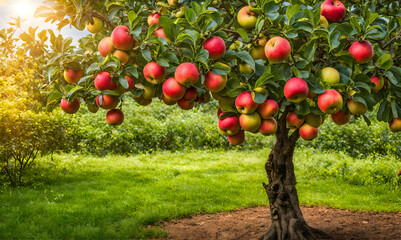 Wall Mural - Ripe apple tree in foreground, soft-focus garden