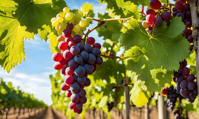 Canvas Print - Sunny vineyard with clusters of ripe grapes in focus