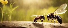 Two Honeybees, Pollinating Insects And Valuable Arthropods, Are Perched Next To Each Other On A Rock In A Natural Landscape Surrounded By Grass And Wood