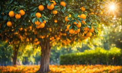 Poster - Abundant orange tree with ripe oranges in focus foreground, garden setting background