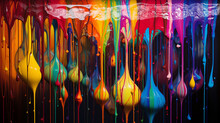 Vivid Acrylic Paint Dripping Down A Canvas, Forming Colorful Streaks And Liquid Drops That Cascade With Dynamic Movement And Energy.