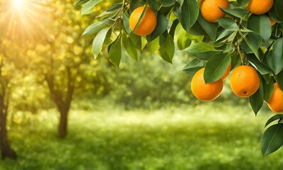 Poster - Abundant orange tree with ripe oranges in focus foreground, garden setting background