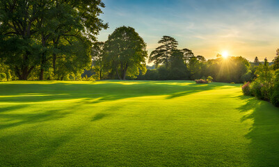 Wall Mural - wide lawn trimmed with precision under a sunset sky