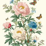 Fototapeta Sypialnia - Vintage Beautiful Peonies And Wild Flowers Seamless Pattern Print Design-03.20