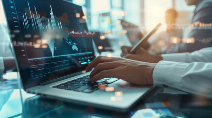 Sticker - An individual is analyzing financial charts and graphs on a laptop screen in an office setting.