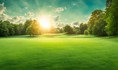 Wall Mural - wide lawn trimmed with precision under a blue sunny sky
