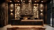 Modern rustic mountain lodge reception front desk design with stone fireplace and antler chandelier