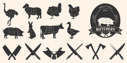 Set of restaurant knives icons. Silhouette - Cleaver and Chef Knives. Logo template for meat business - farmer shop, market or design - label, banner, sticker. Vector Illustration
