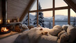 A charming living room featuring a white bed in an eco-conscious cabin tucked away in the snowy mountains, with soft blankets and fluffy pillows providing a cozy spot for enjoying the winter scenery.