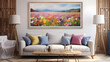 A frame featuring a close-up shot of a vibrant field of wildflowers, bringing the beauty of nature indoors to the modern living room. 