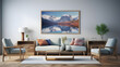 A frame with a minimalist design showcasing a serene mountain lake surrounded by towering peaks, creating a sense of serenity in the modern living room. 