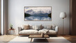 A frame with a minimalist design showcasing a serene mountain lake surrounded by towering peaks, creating a sense of serenity in the modern living room.