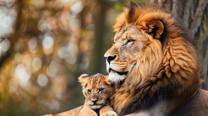 Wall Mural - This proud male aftican lion is cuddled by his cub during an affectionate moment.