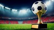 Football soccer ball and trophy cup on stadium created with generative ai
