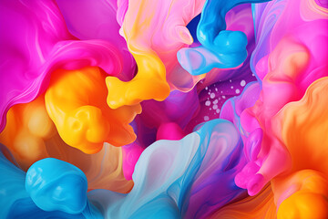 Wall Mural - Vibrant and abstract background featuring fluid art. Trendy neon gradient in orange with a marble effect in purple, orange and blue.