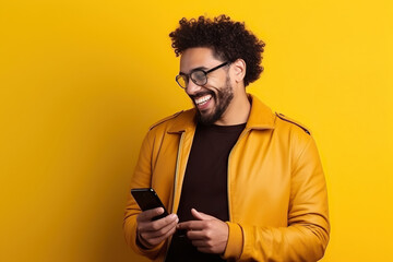 Wall Mural - Happy Latin American man with phone on Amber studio background